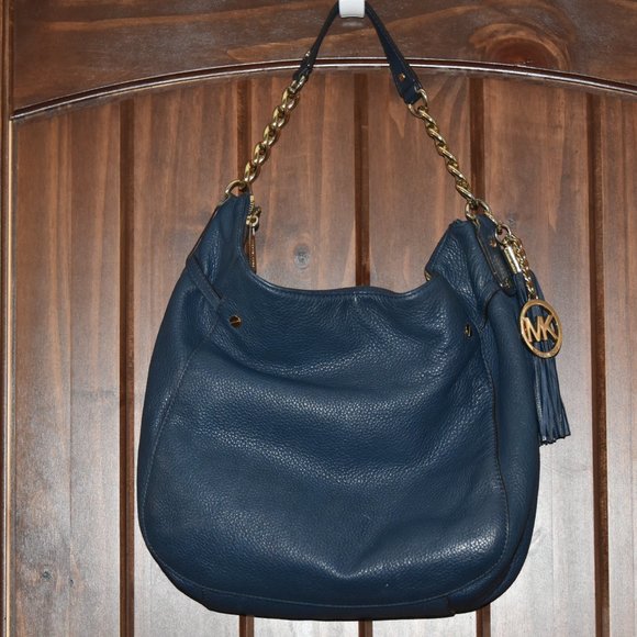 Michael KORS navy blue MEGAN Crossbody shoulder SLOUCH handbag LEATHER gold - Picture 5 of 15